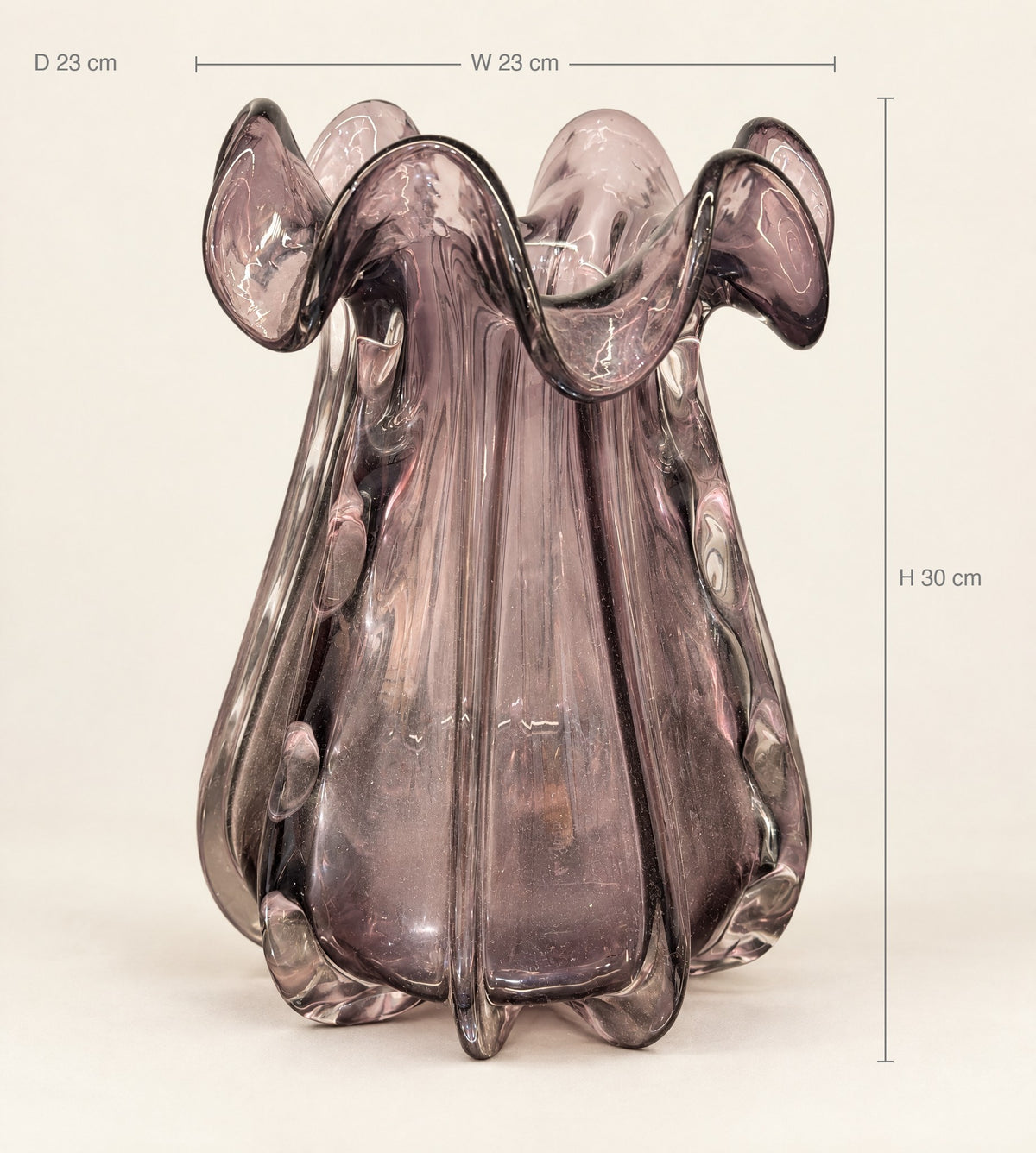 Size guide: big amethyst glass vase, height 30 cm, width 23 cm, depth 23 cm