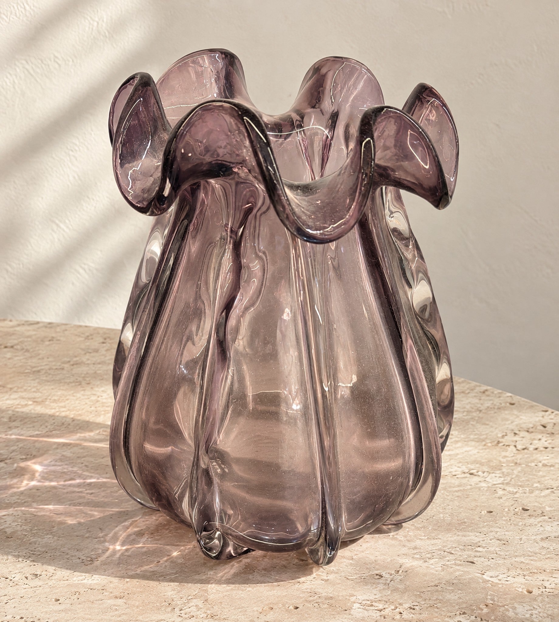 Amethyst Bloom – Ruffled Smoky Purple Glass Vase, Small