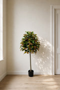 Autumn camellia artificial tree with green, gold and copper leaves in a black nursery pot in a quiet ivory corner