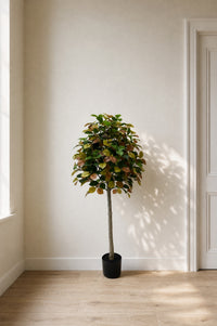 Autumn camellia artificial tree with green, gold and copper leaves in a black nursery pot in a quiet ivory corner