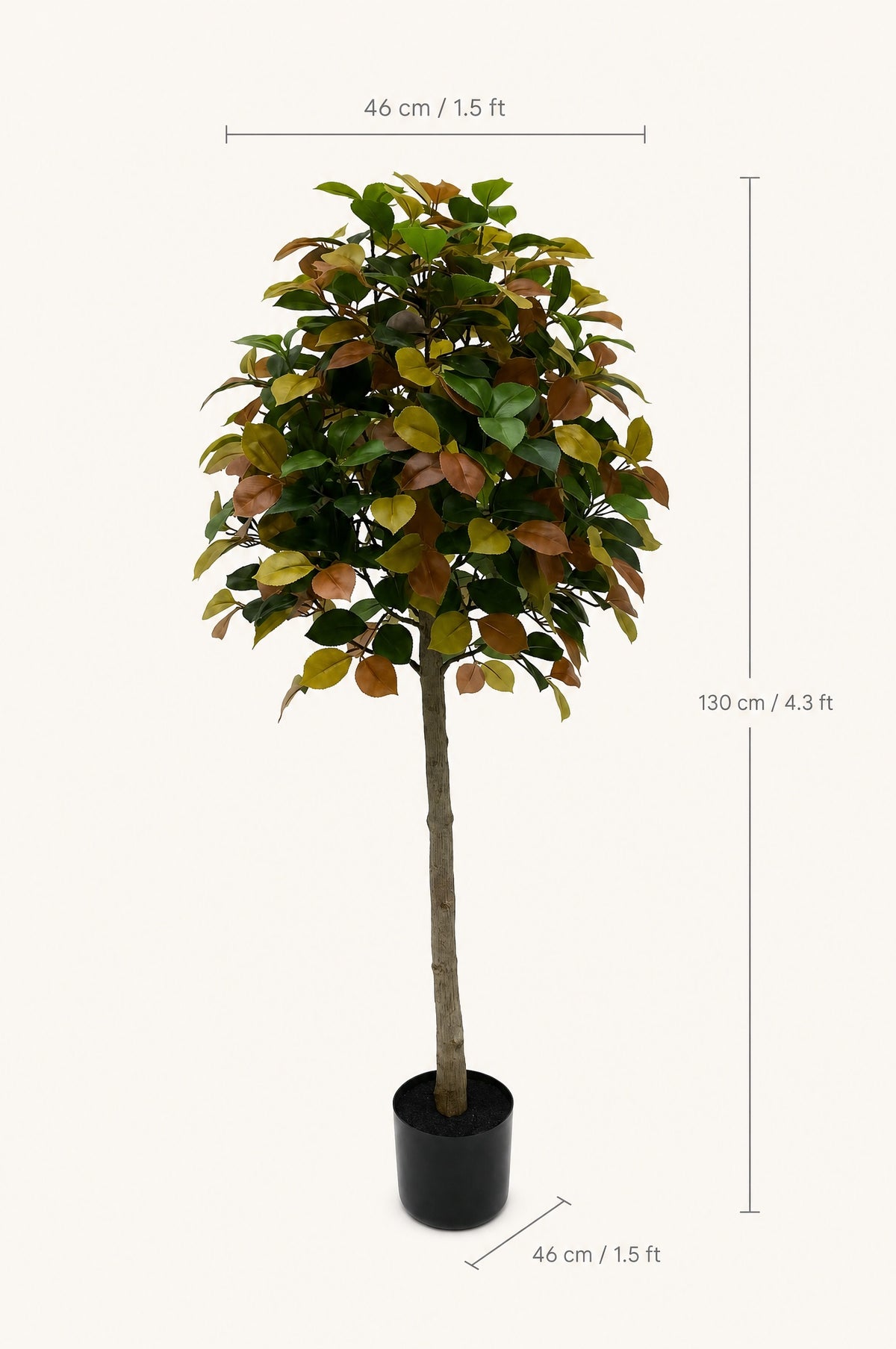 Size guide: autumn camellia artificial tree, 130 cm / 4.3 ft tall, crown 46 cm / 1.5 ft wide and deep