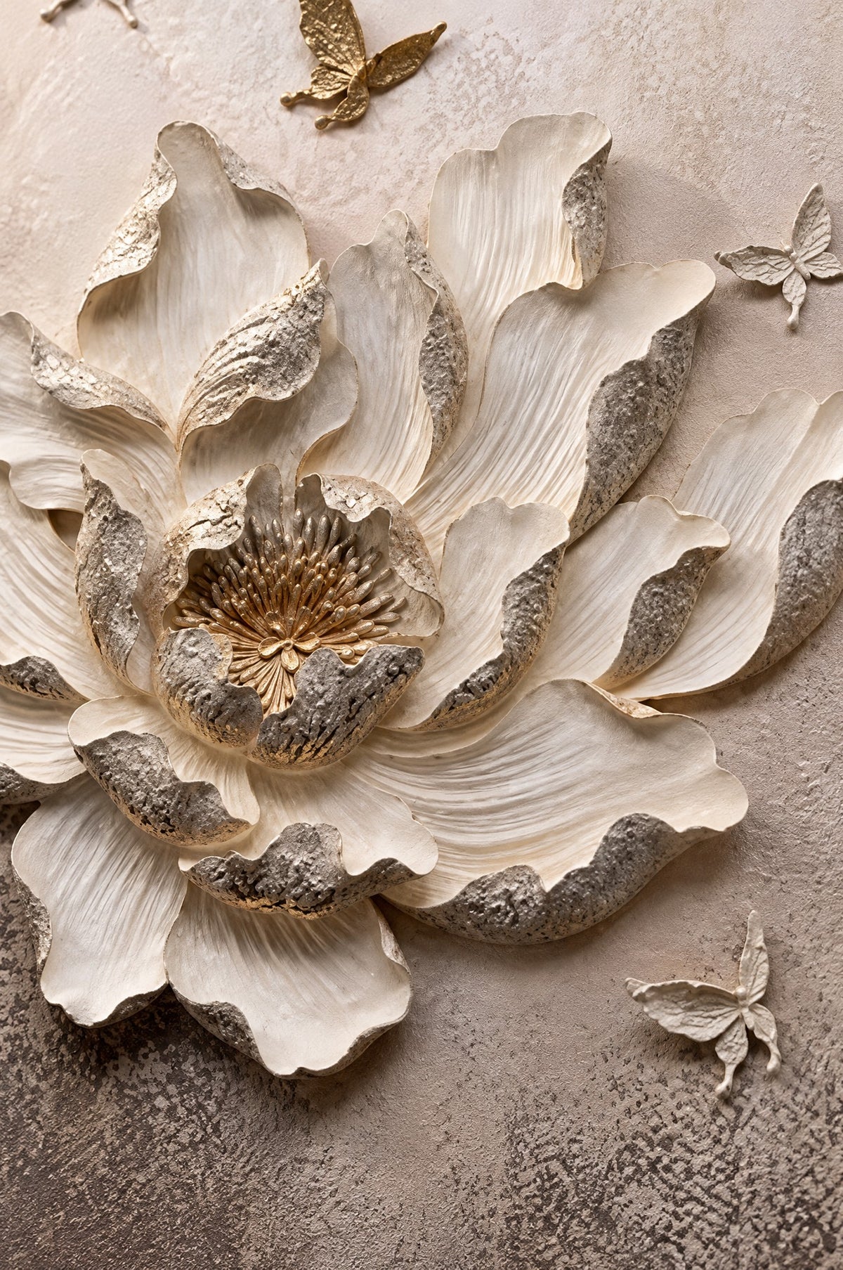 Close-up of the peony relief: layered ivory petals with silver-grey edges and gold stamens on a textured ground