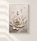 Blossom of Light & Grace 3D wall art: an ivory peony relief with gold and ivory butterflies in a slim white aluminium frame, front view
