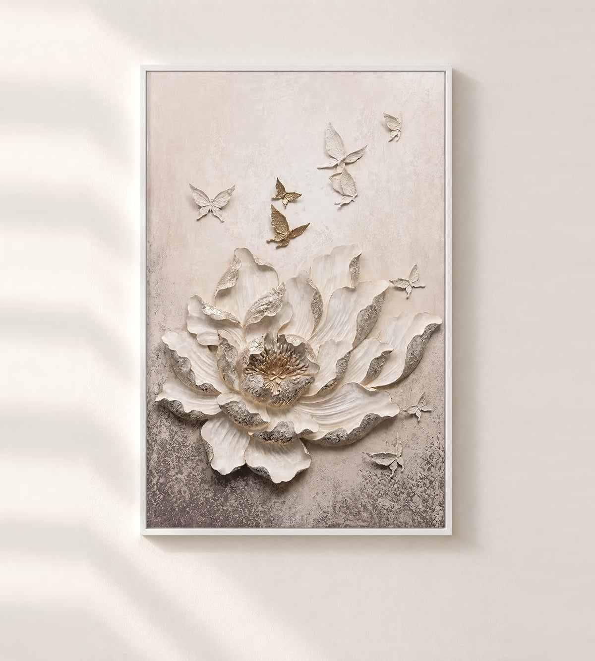 Blossom of Light & Grace 3D wall art: an ivory peony relief with gold and ivory butterflies in a slim white aluminium frame, front view