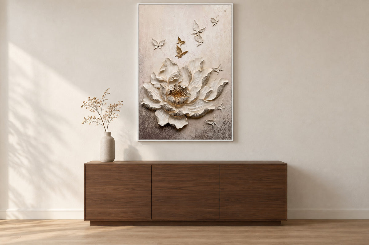 Blossom of Light & Grace 122 × 76 cm 3D wall art hung above a walnut sideboard in a calm living room