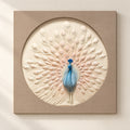 Blush Plume Peacock 3D wall art, 102 cm square: a blue peacock in an ivory and blush feather relief, set in a textured taupe border