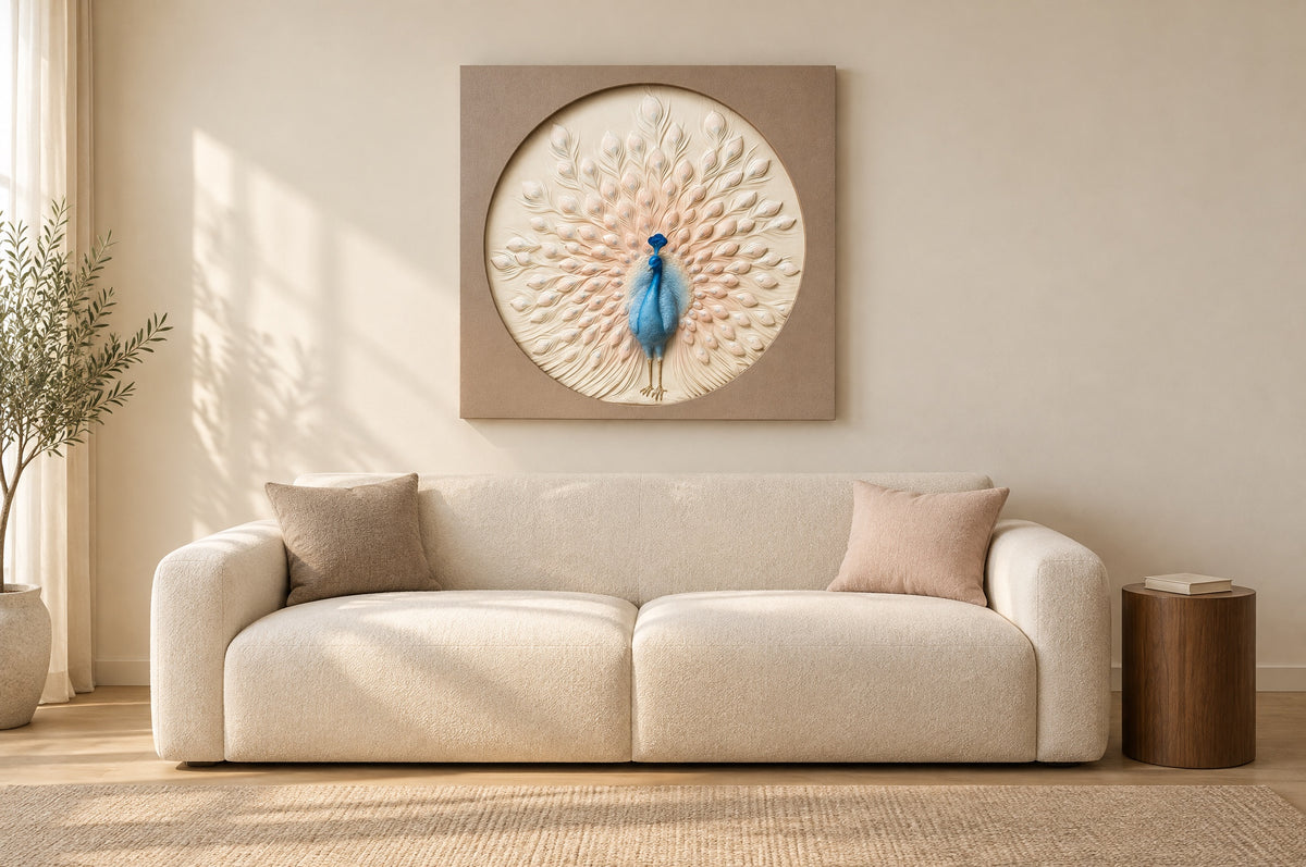 Blush Plume Peacock 3D wall art hung above an ivory sofa in a calm living room, showing its 102 cm size