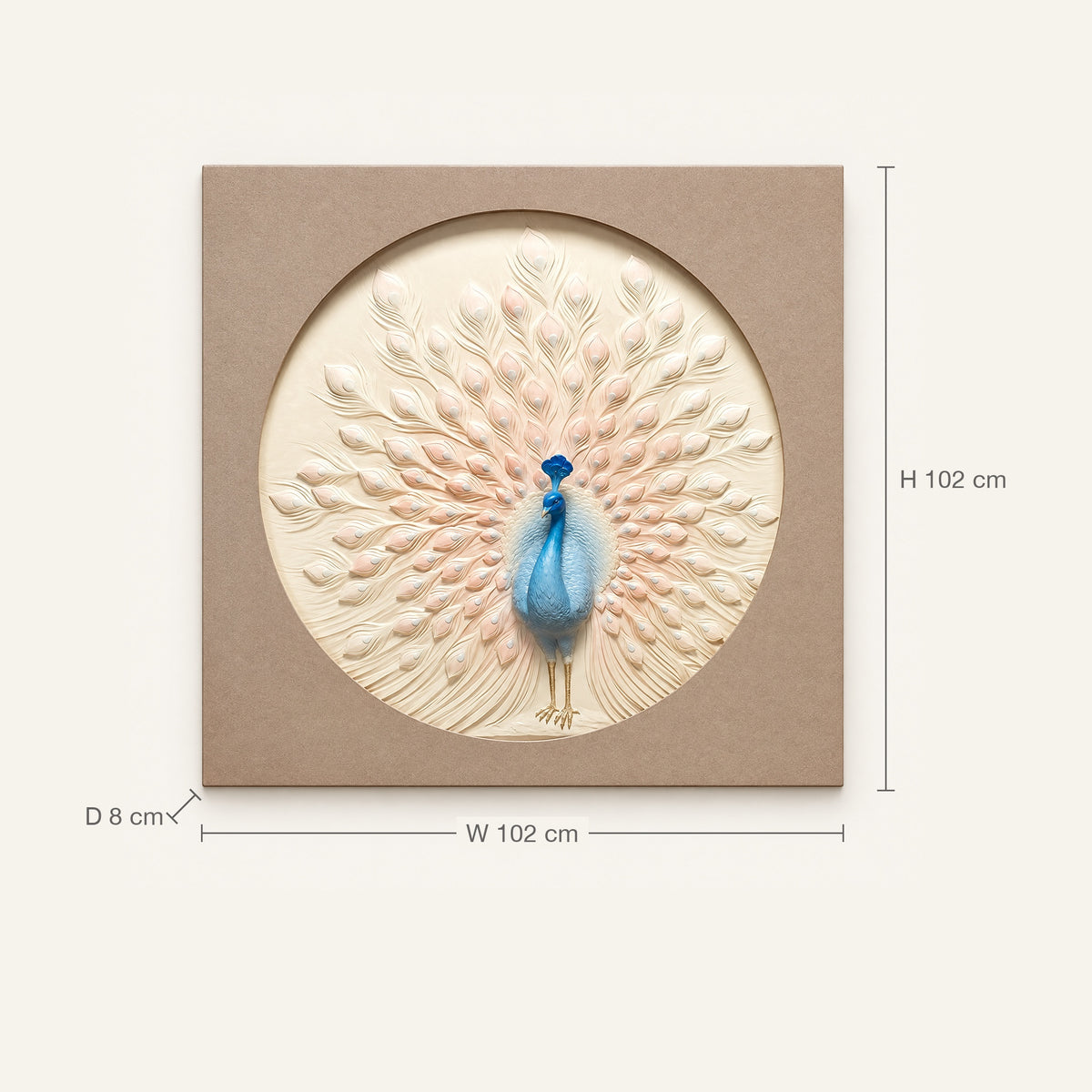 Size guide: Blush Plume Peacock 3D wall art, 102 cm high, 102 cm wide, 8 cm deep