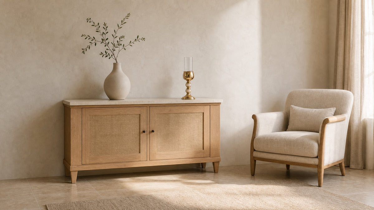38 cm onyx hurricane candle holder on an oak console beside a vase and armchair, showing its size in a room