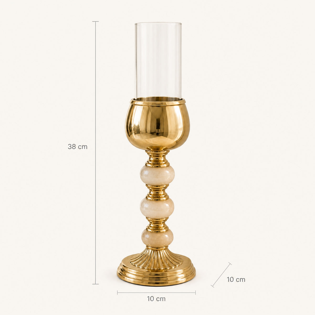 Size guide: onyx and gold hurricane candle holder, 38 cm tall, 10 cm wide, 10 cm deep