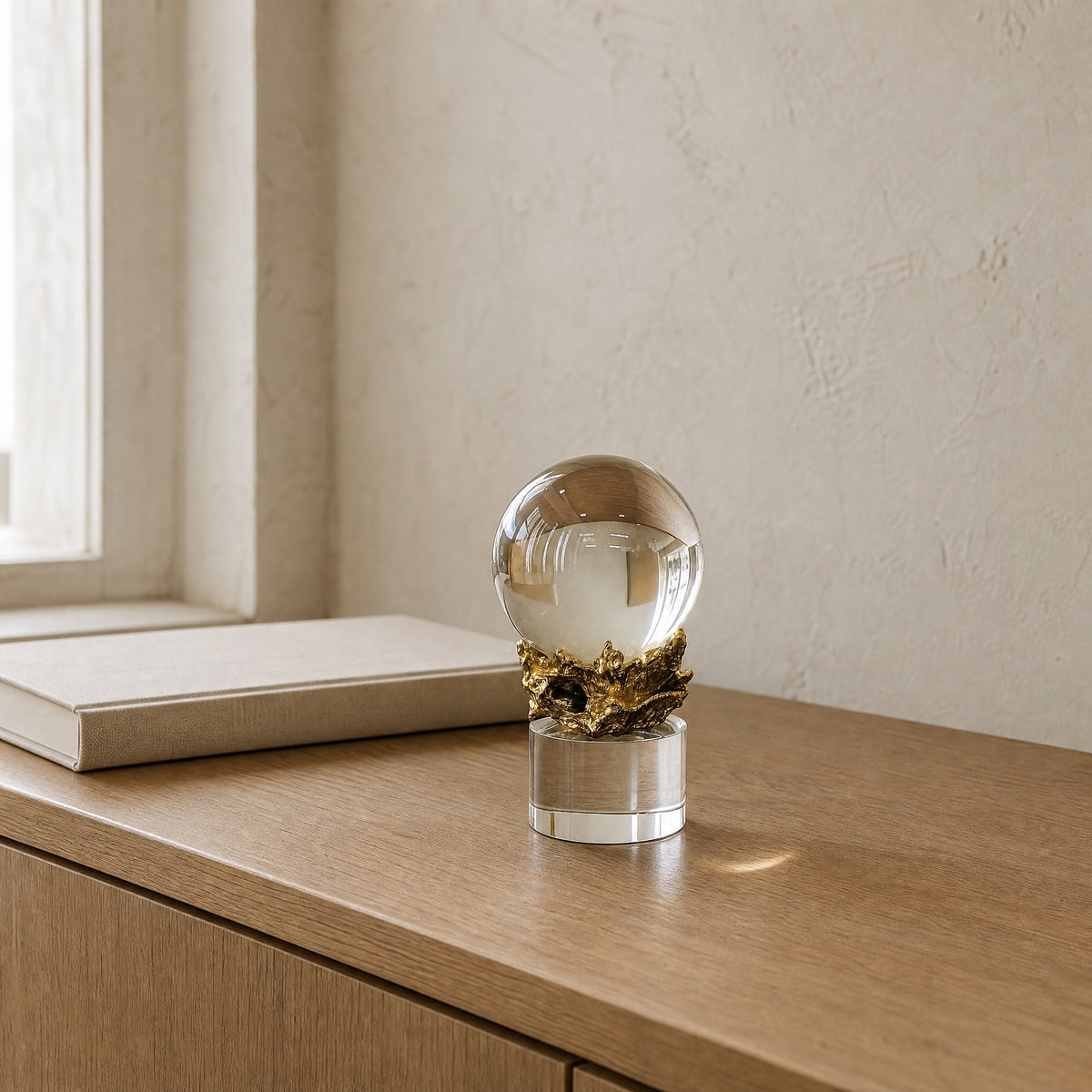 Clear K9 crystal sphere in a gold-finish metal cradle on a crystal column, standing on a light walnut console