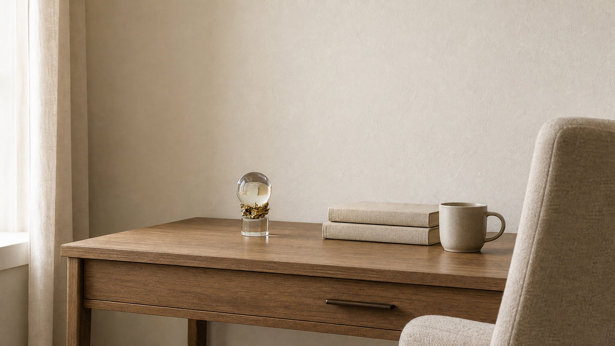 Crystal sphere on gold-finish base on a walnut writing desk beside books and a mug, showing its 19 cm size