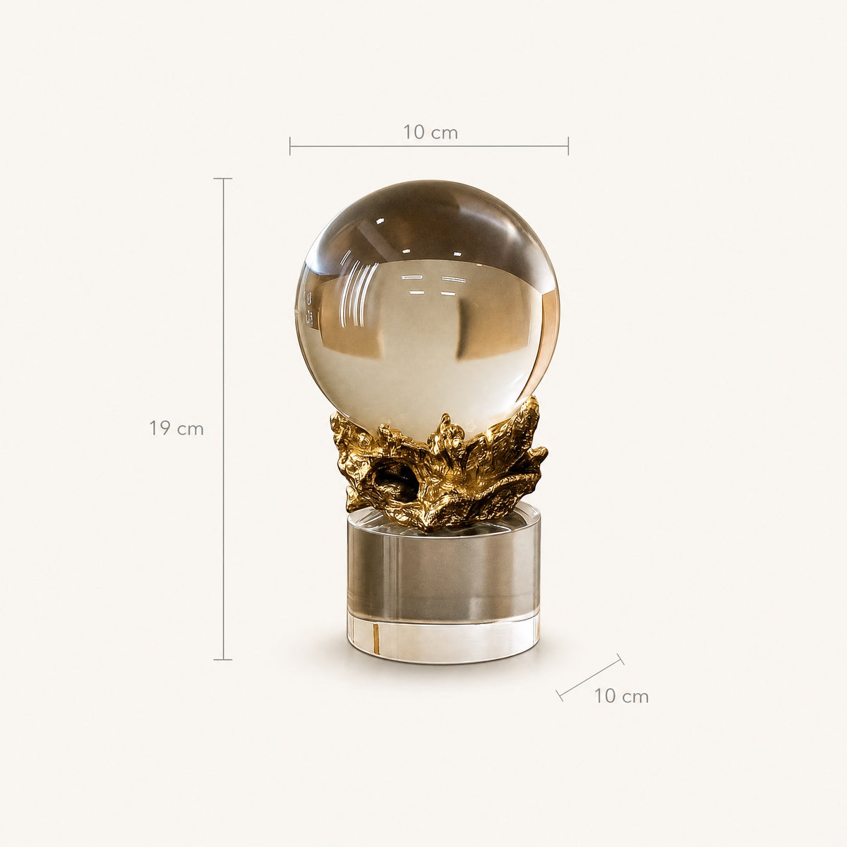 Size guide: crystal sphere on gold-finish base, 19 cm tall, 10 cm wide, 10 cm deep
