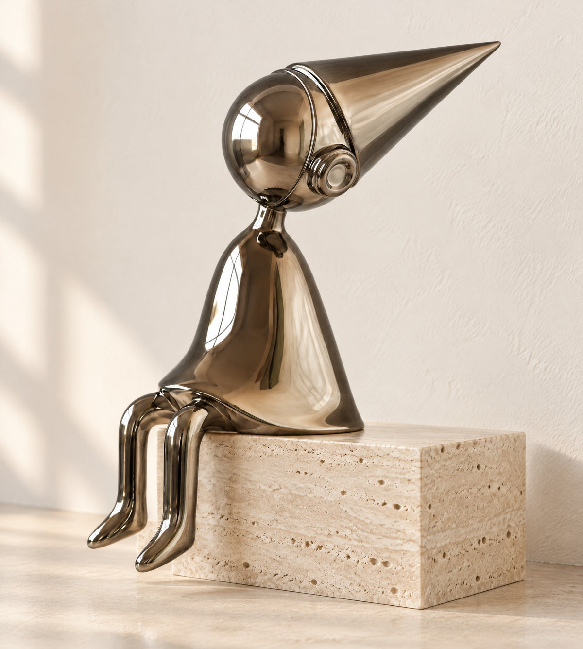 Gunmetal shelf-sitter sculpture with a pointed cone hat, legs hanging over a travertine block