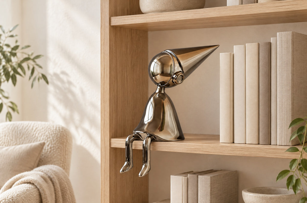 Gunmetal shelf-sitter on a pale oak bookshelf beside linen-covered books, showing its 36 cm size
