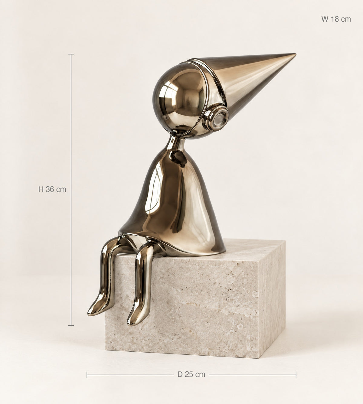 Size guide: gunmetal shelf-sitter sculpture, H 36 cm, D 25 cm, W 18 cm