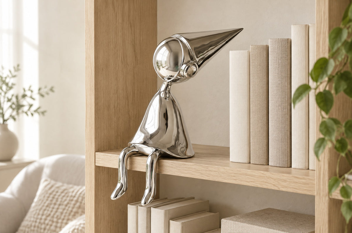 Silver chrome shelf-sitter on a pale oak bookshelf beside linen-covered books, showing its 36 cm size