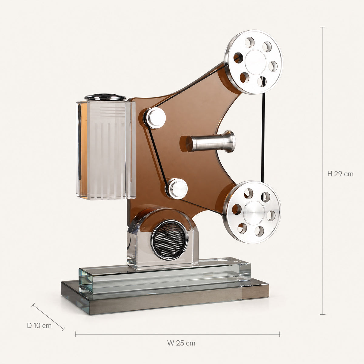 Size guide: crystal film projector sculpture, 29 cm tall, 25 cm wide, 10 cm deep