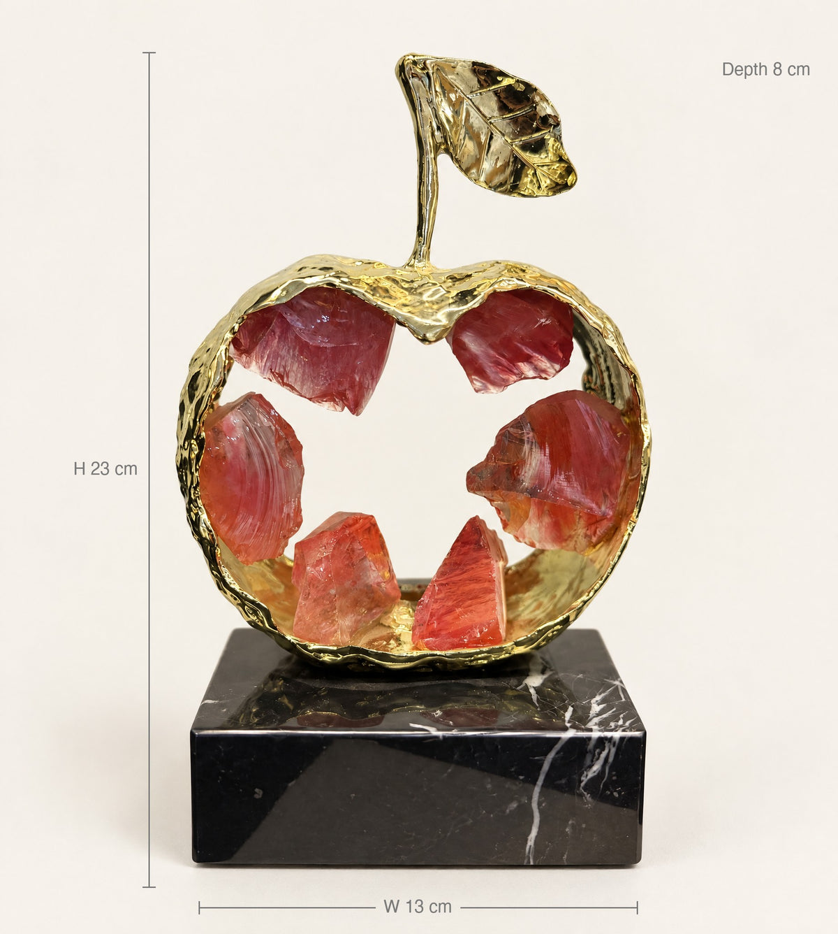Size guide: gold apple sculpture, H 23 cm, W 13 cm, depth 8 cm