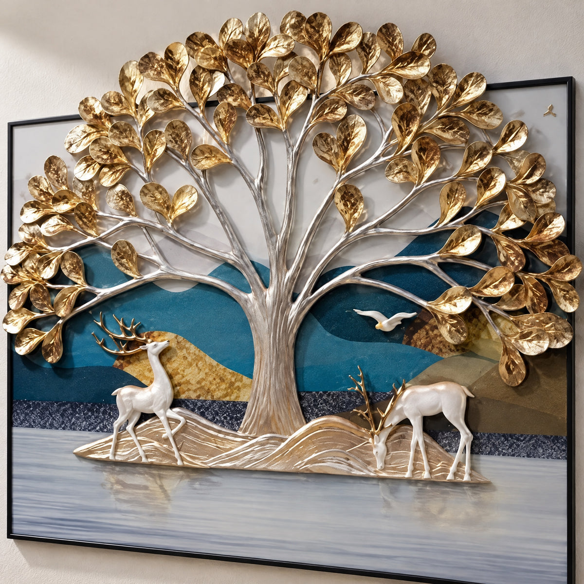 Close-up of the centre panel: a gold-leaf tree crown rising above the frame, a stag and a drinking doe in marble-dust relief