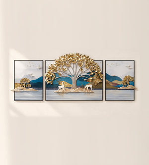 The Enchanted Forest Trio: three-panel 3D wall art with a gold-leaf tree and two white deer by a teal lake, in slim black frames, front view