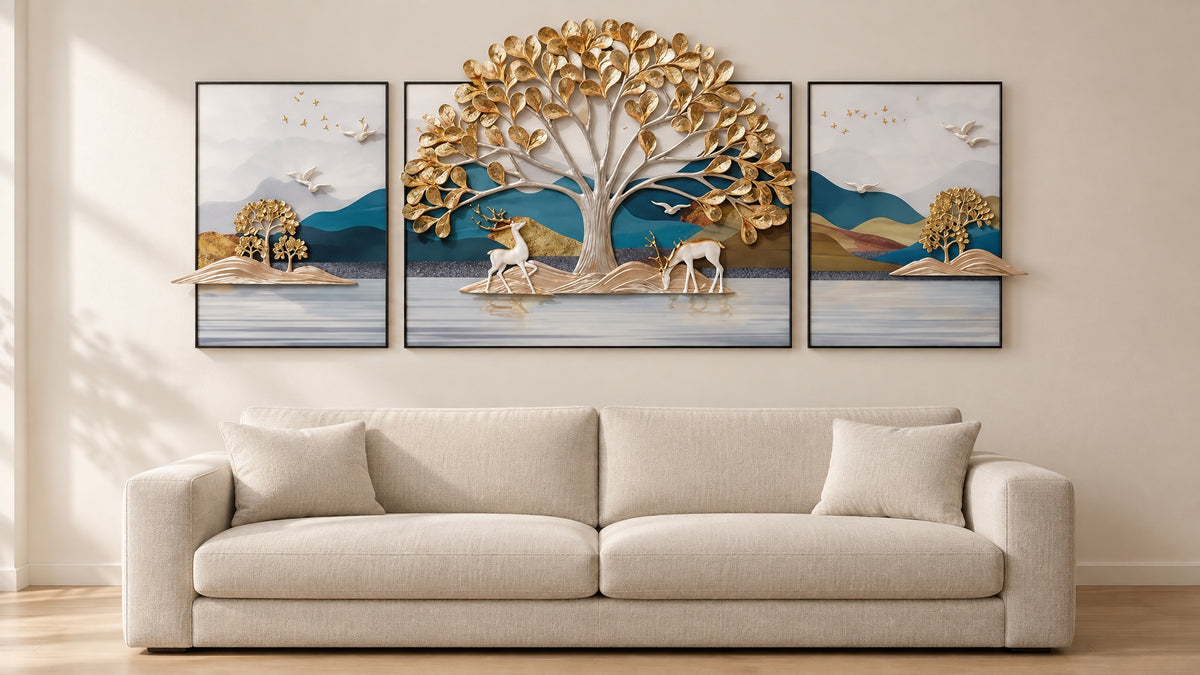 The Enchanted Forest Trio hung above a long linen sofa in a calm living room