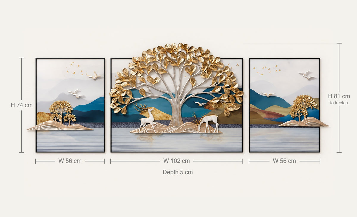 Size guide: centre piece 102 cm wide and 81 cm to the treetop, side panels 56 × 74 cm, all 5 cm deep