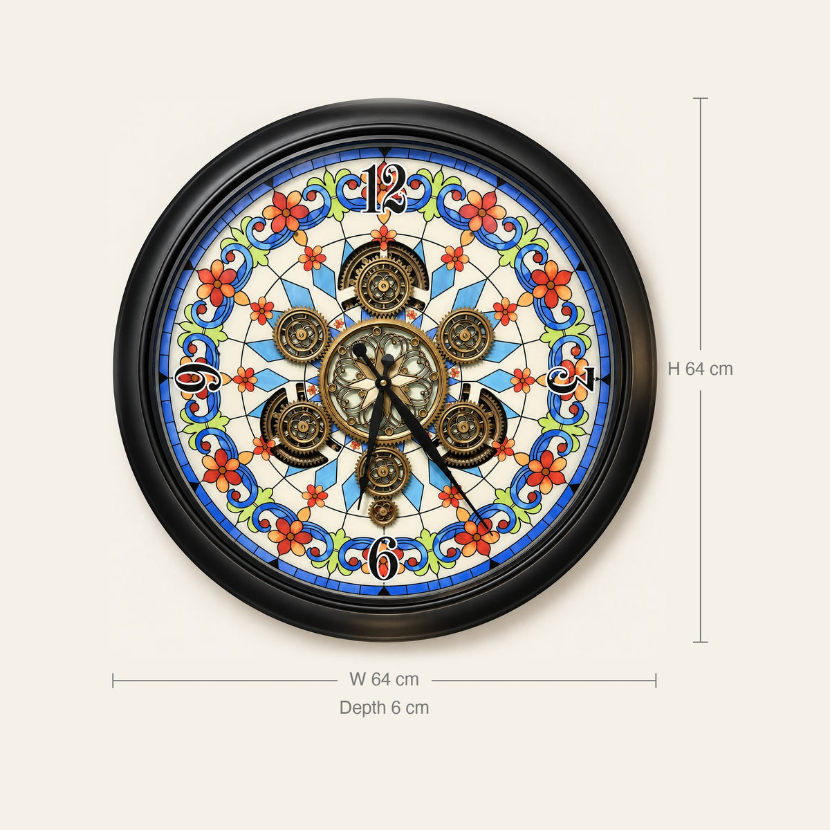 Garden Aura wall clock size guide: 64 cm wide, 64 cm high, 6 cm deep