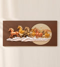 Golden Horizon seven horses 3D wall art, copper and gold polyresin relief on a cocoa-brown board, on an ivory wall