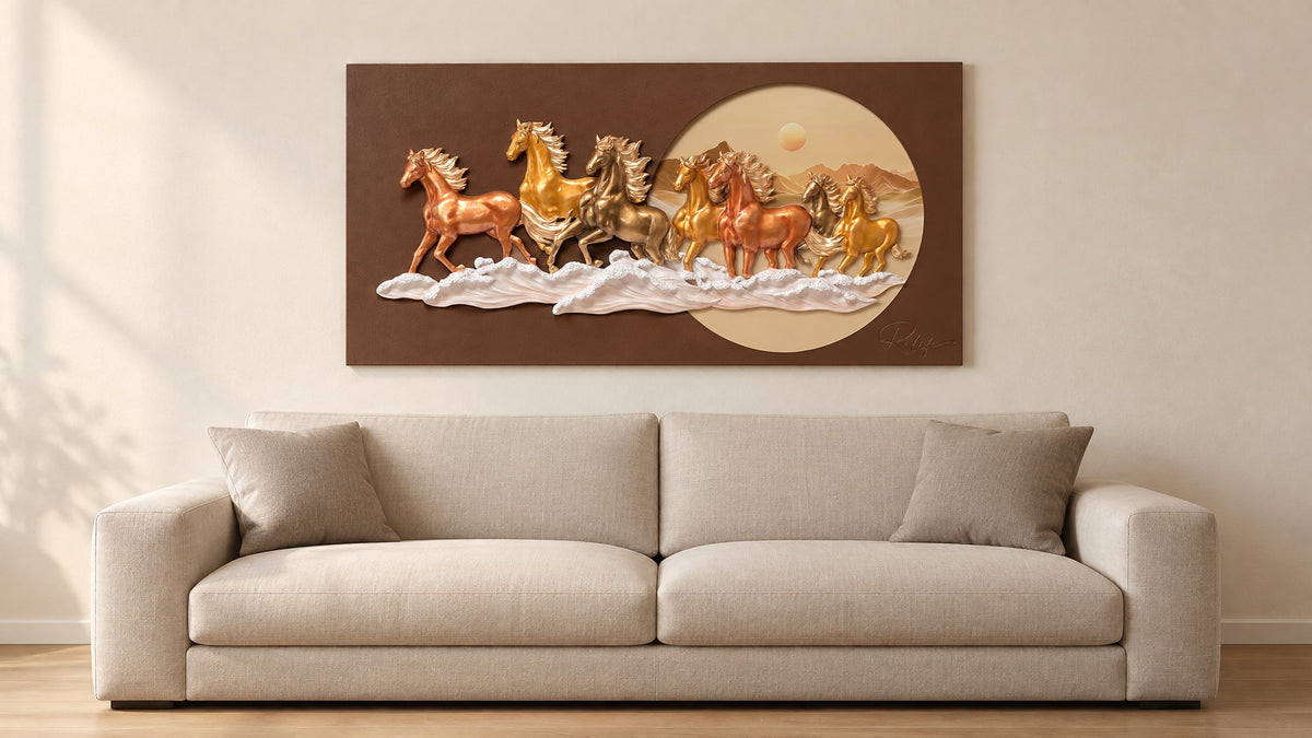 Seven horses 3D wall art, 140 cm wide, hung above an oatmeal linen sofa in a calm living room