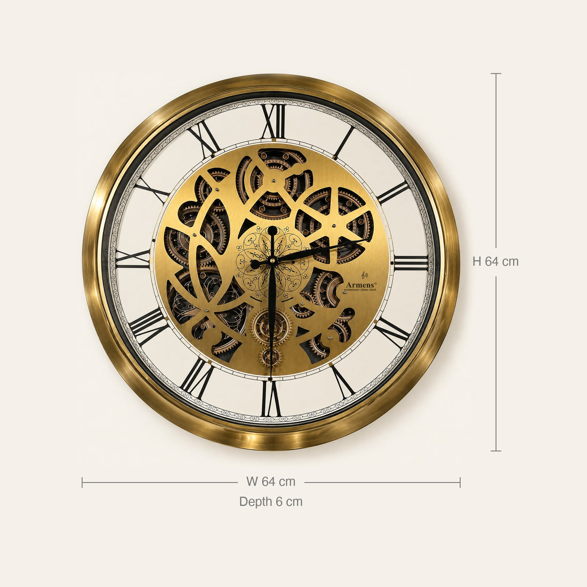 Golden Kinetic wall clock size guide: 64 cm wide, 64 cm high, 6 cm deep
