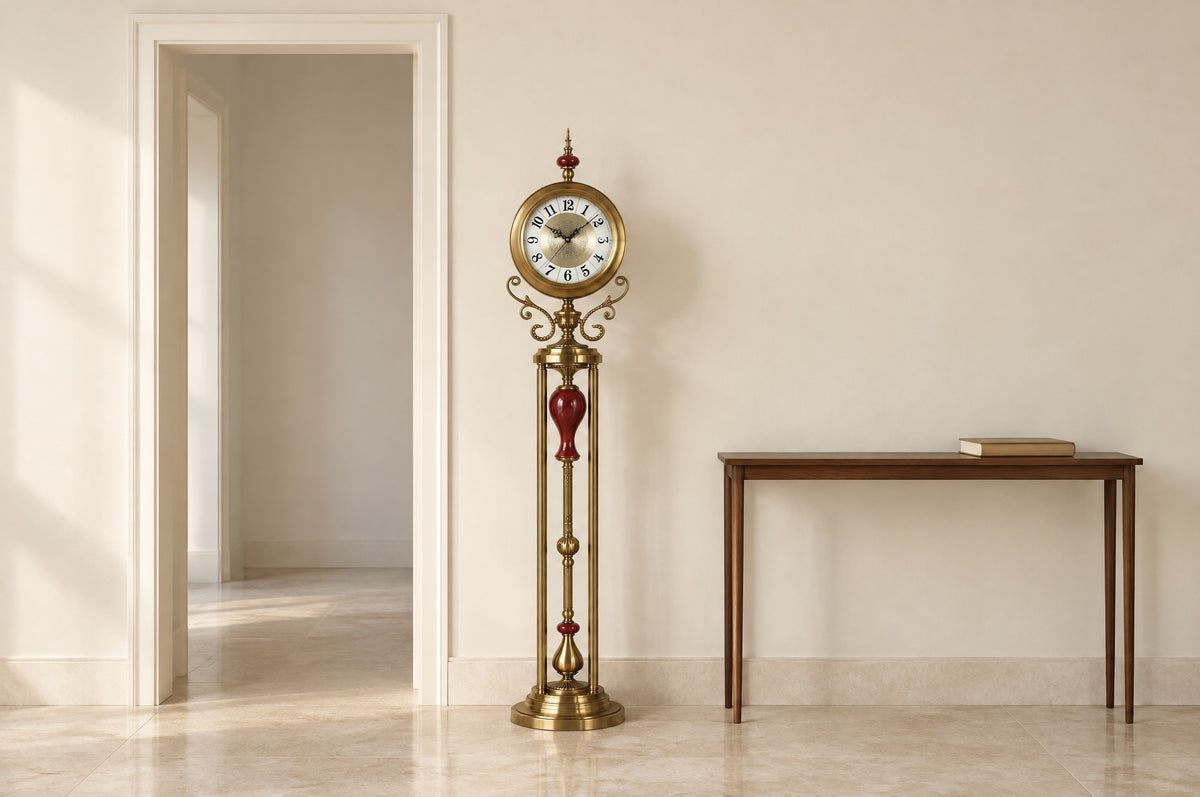 Grand Monarch floor clock in a calm entryway between a doorway and a walnut console, showing its 166 cm height