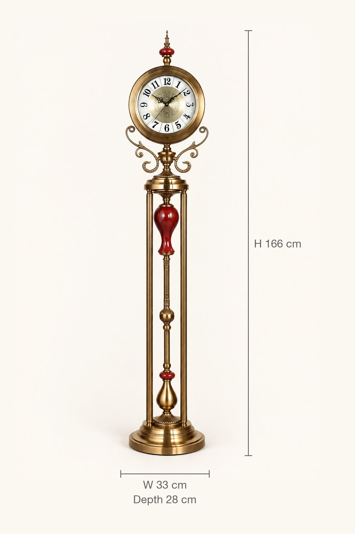 Size guide: Grand Monarch floor clock, 166 cm tall, 33 cm wide, 28 cm deep