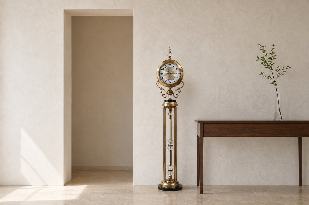 Imperial Crystal Column floor clock in a calm entryway between a doorway and a walnut console, showing its 165 cm height