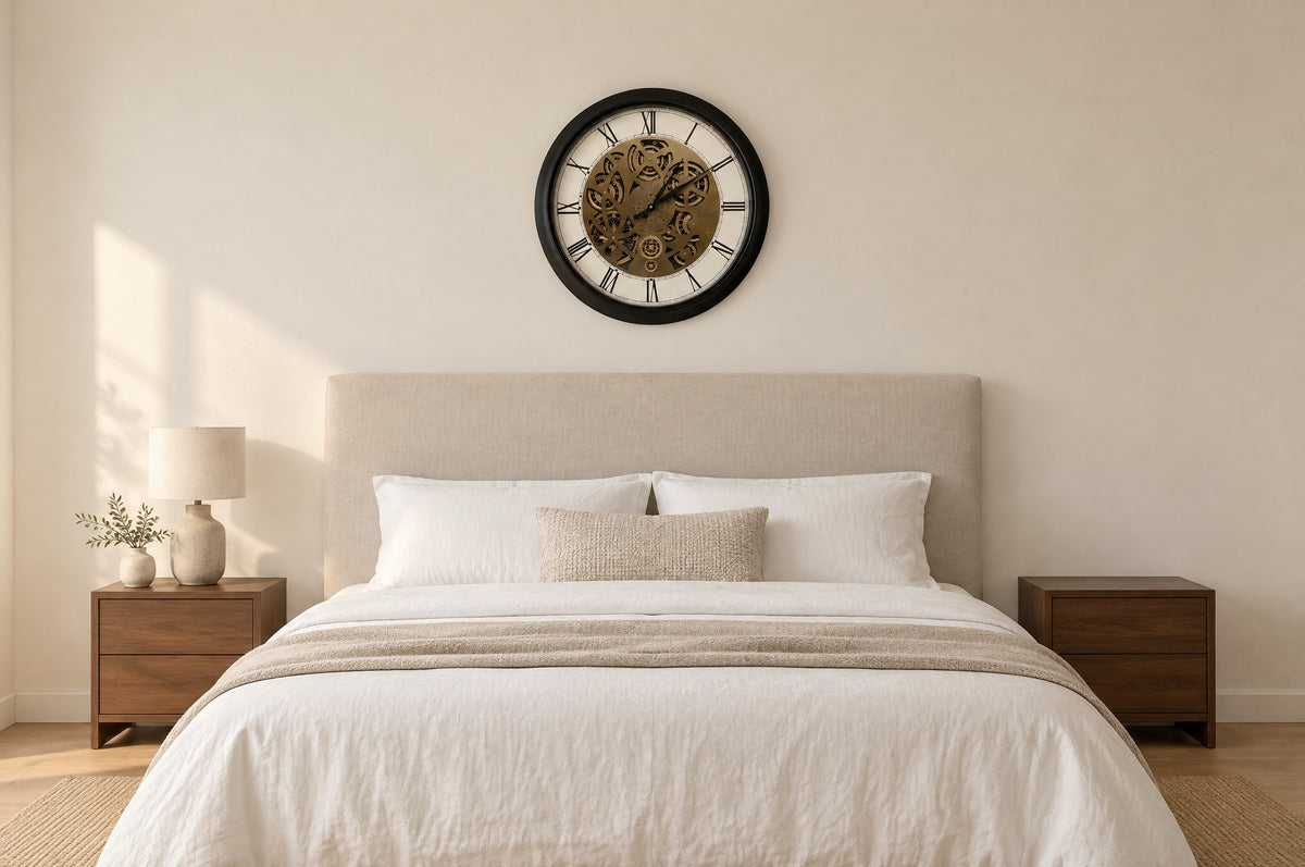 Obsidian Gear 64 cm wall clock hung above an upholstered headboard in a calm bedroom