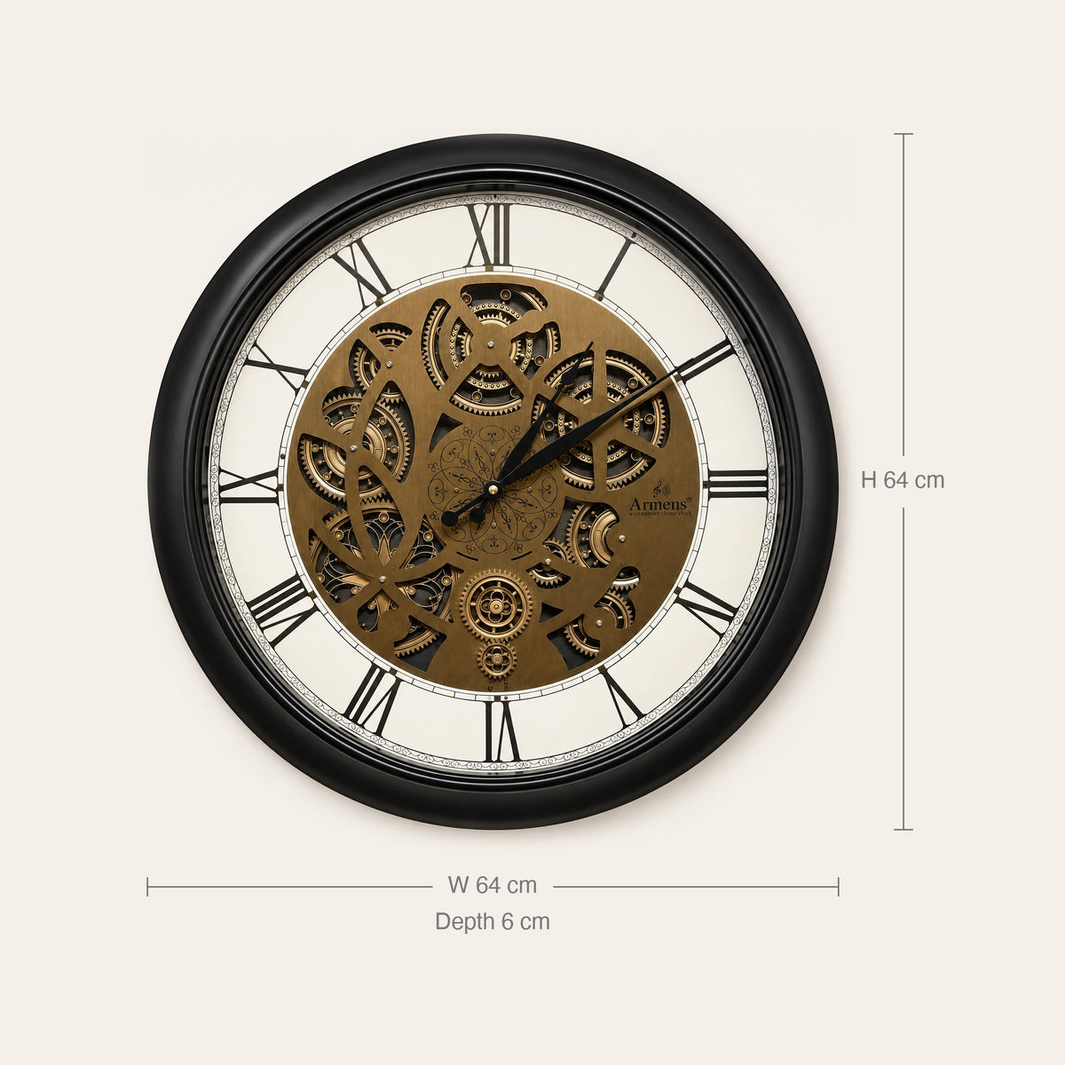 Obsidian Gear wall clock size guide: 64 cm wide, 64 cm high, 6 cm deep