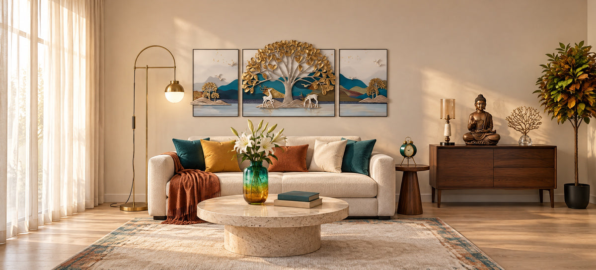 A warm contemporary living room styled with PlushNest pieces: forest 3D wall art above an ivory sofa, a brass arch floor lamp, and a bronze Buddha on a walnut console