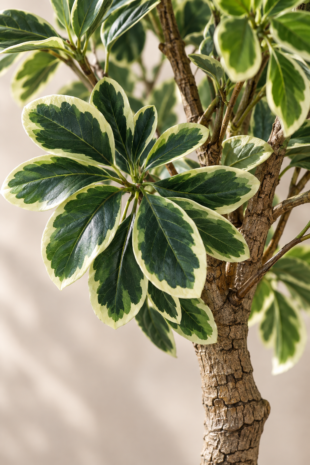 Close-up of variegated Schefflera leaves, deep green edged in cream, on a bark-textured trunk