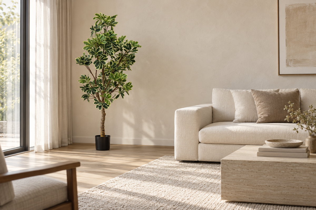 Variegated Schefflera faux tree beside a cream sofa in a neutral living room