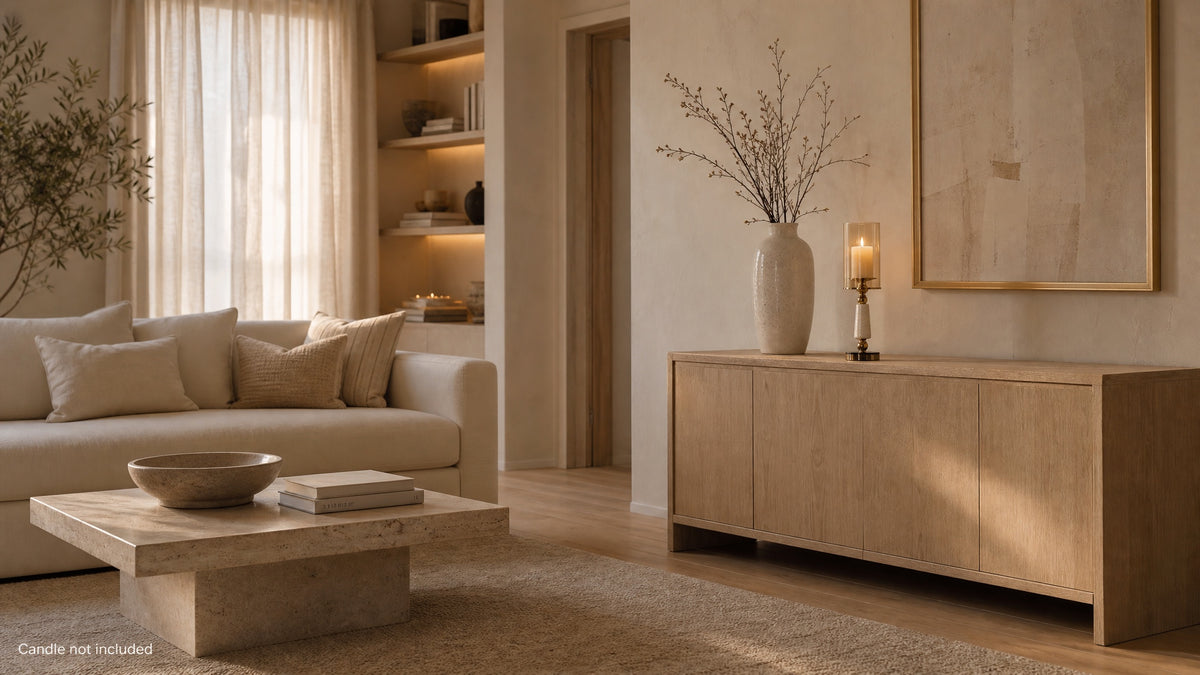Soluxe onyx marble hurricane candle holder with a lit pillar candle on an oak sideboard in a styled living room (candle not included)