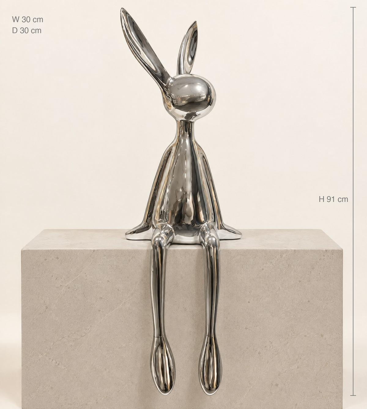 Size guide: chrome bunny sculpture, height 91 cm, width 30 cm, depth 30 cm