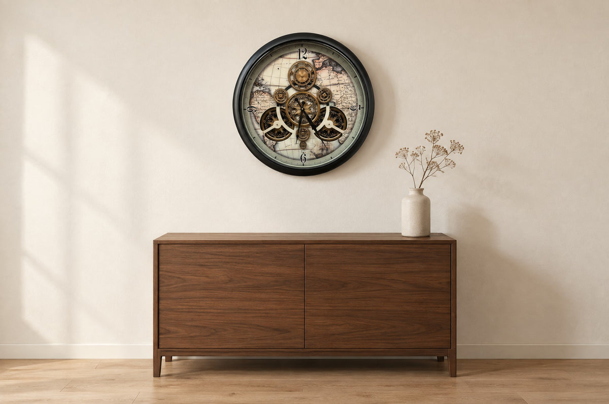 Traveler's Gear 64 cm wall clock hung above a walnut sideboard in a dining room