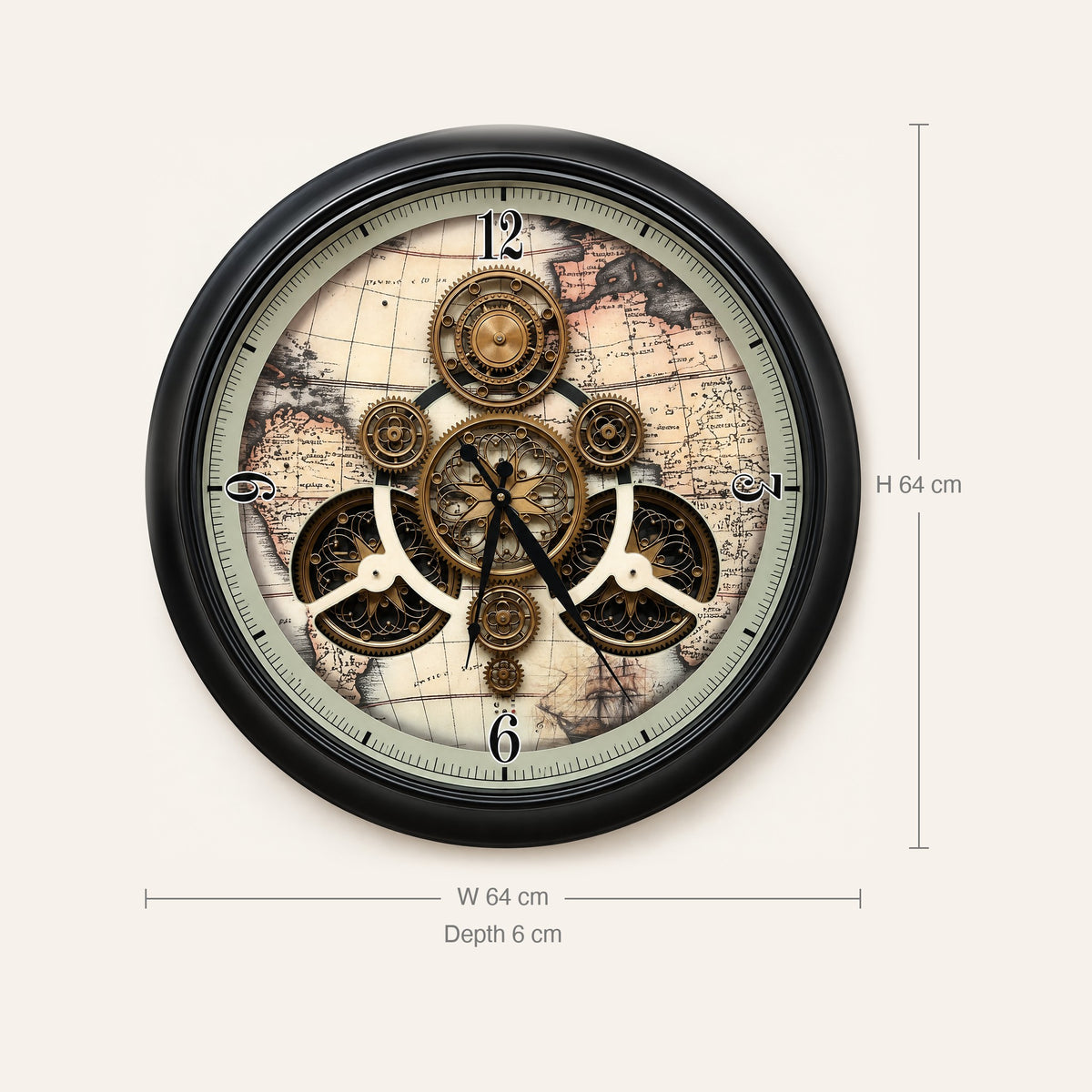 Traveler's Gear wall clock size guide: 64 cm wide, 64 cm high, 6 cm deep