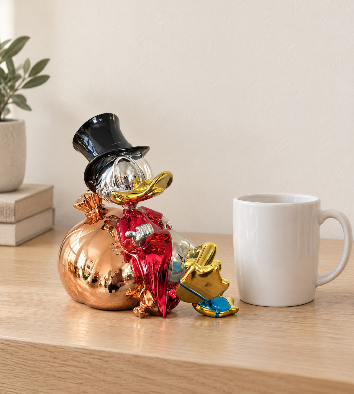 Small chrome resin figurine of a duck in a top hat reclining on a money bag, on an oak table beside a coffee mug