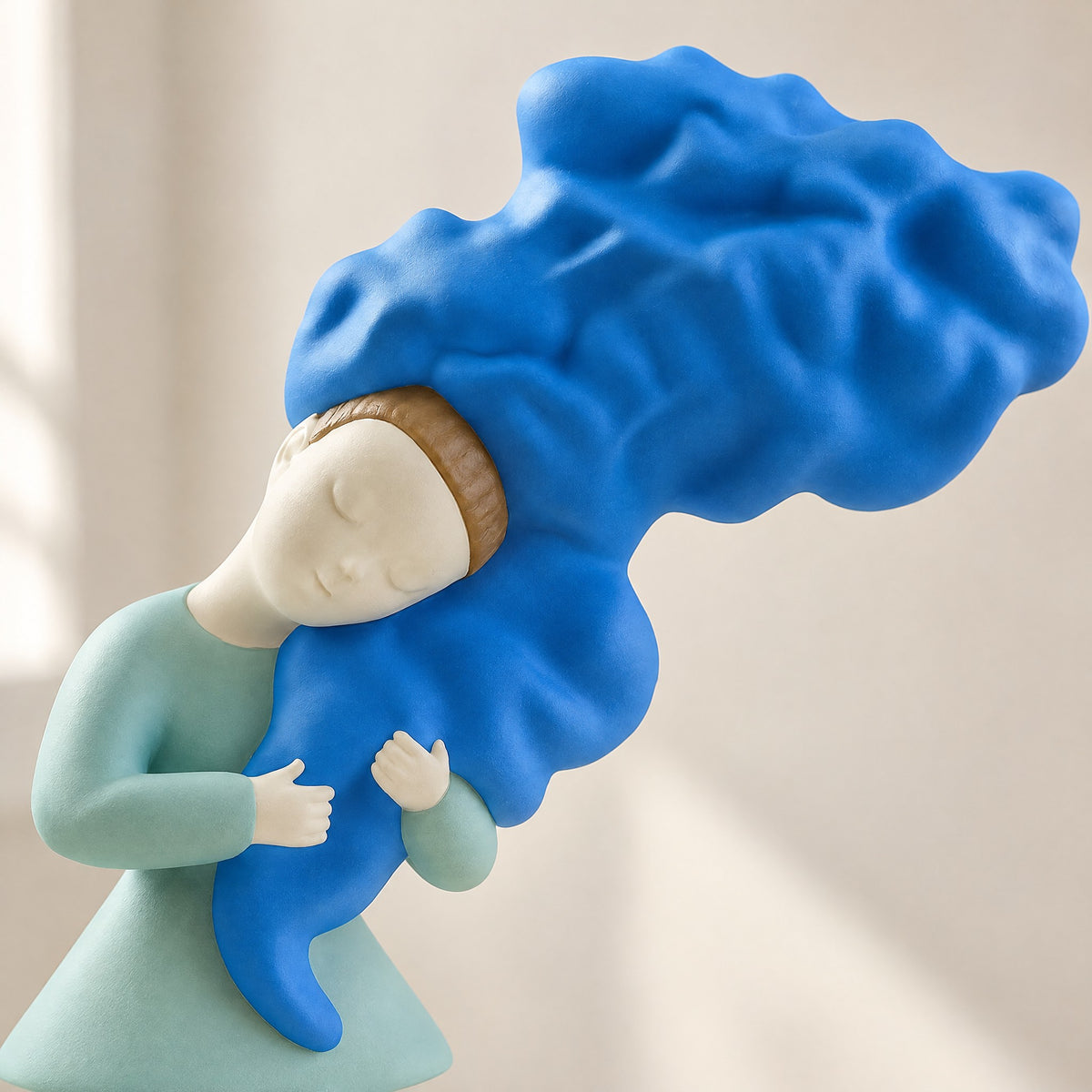 Close-up of the resin girl figurine with closed eyes hugging a billowing cobalt-blue cloud