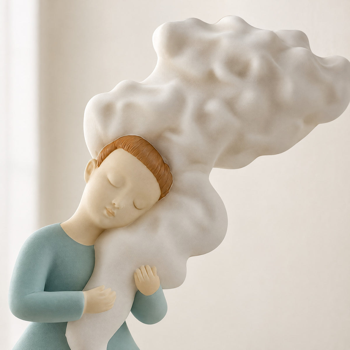 Close-up of the resin girl figurine with closed eyes hugging a billowing white cloud